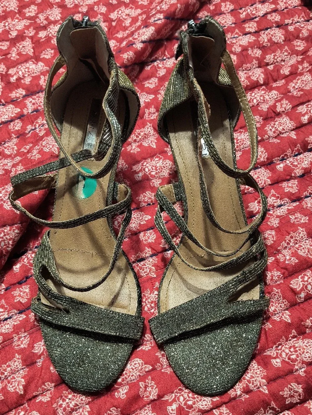 Tahari Strappy Glitter Ankle-Tie Heels in Metallic Gold/Silver